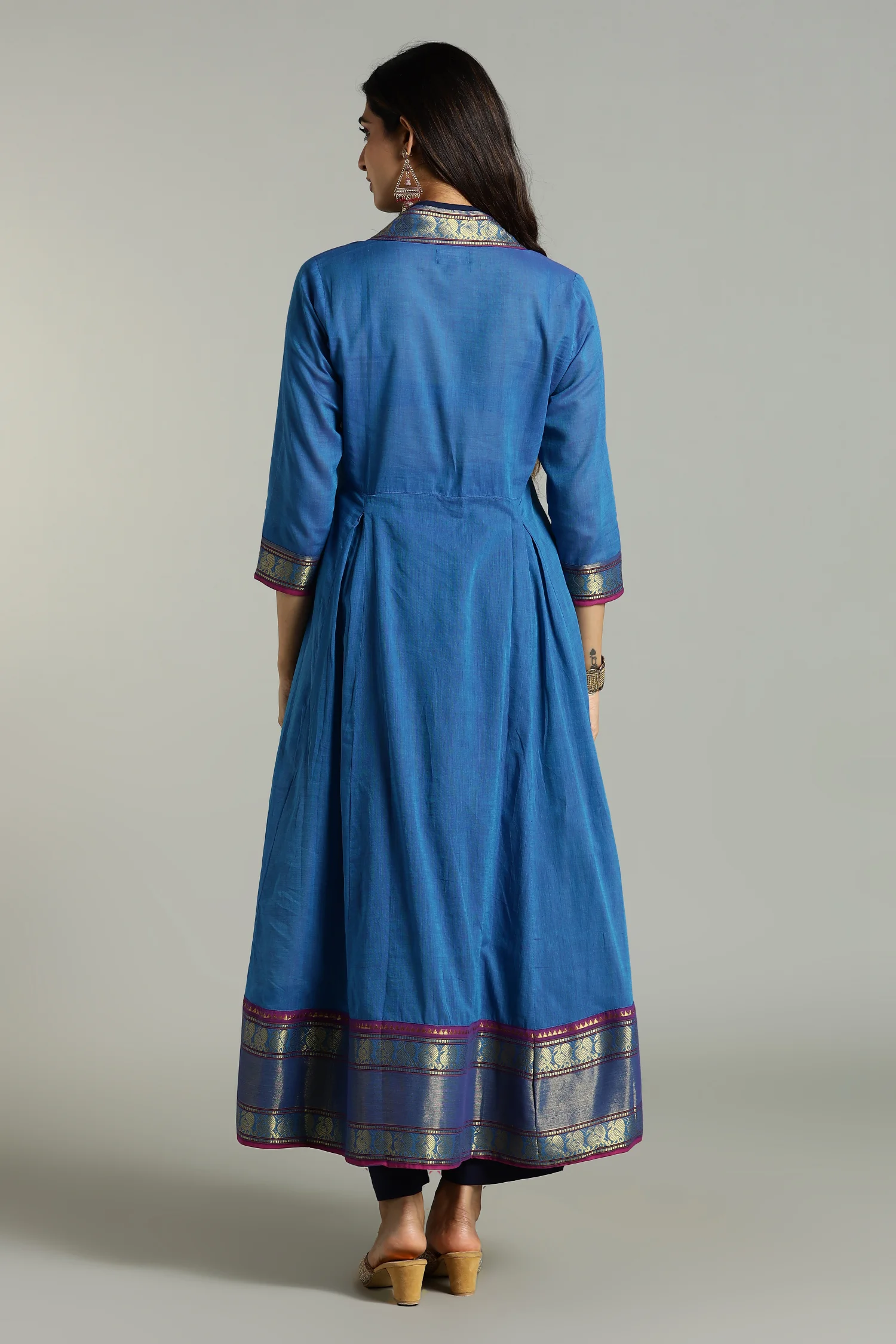 KURTA SOUTH C FUNNEL NECK BOTTOM BORDER BLUE - Image 4