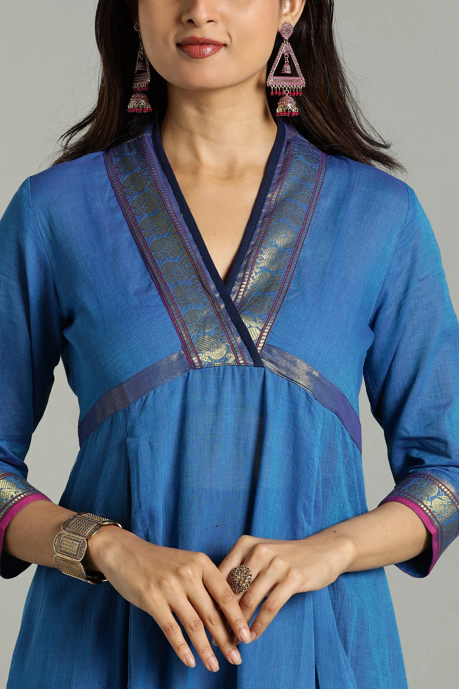 KURTA SOUTH C FUNNEL NECK BOTTOM BORDER BLUE - Image 3