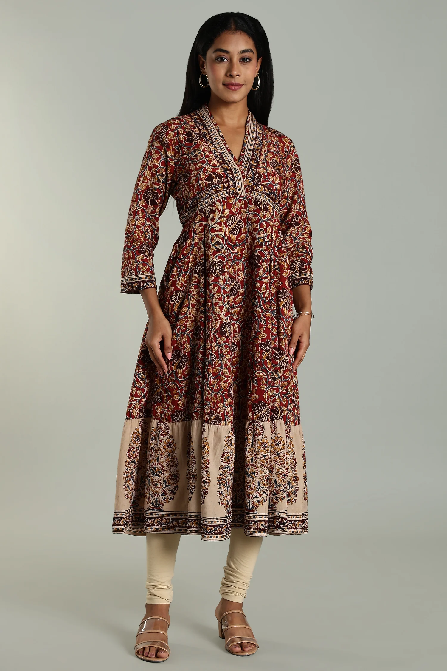 KALAMKARI KURTA FUNNEL NECK BORDER RED