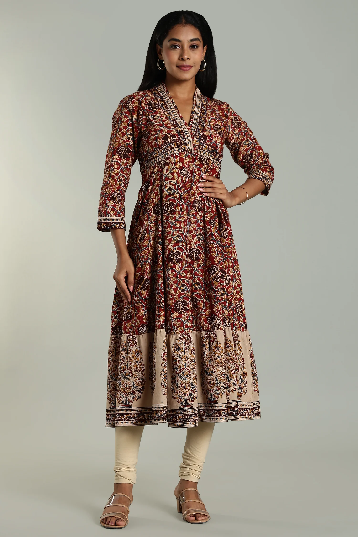 KALAMKARI KURTA FUNNEL NECK BORDER RED - Image 3