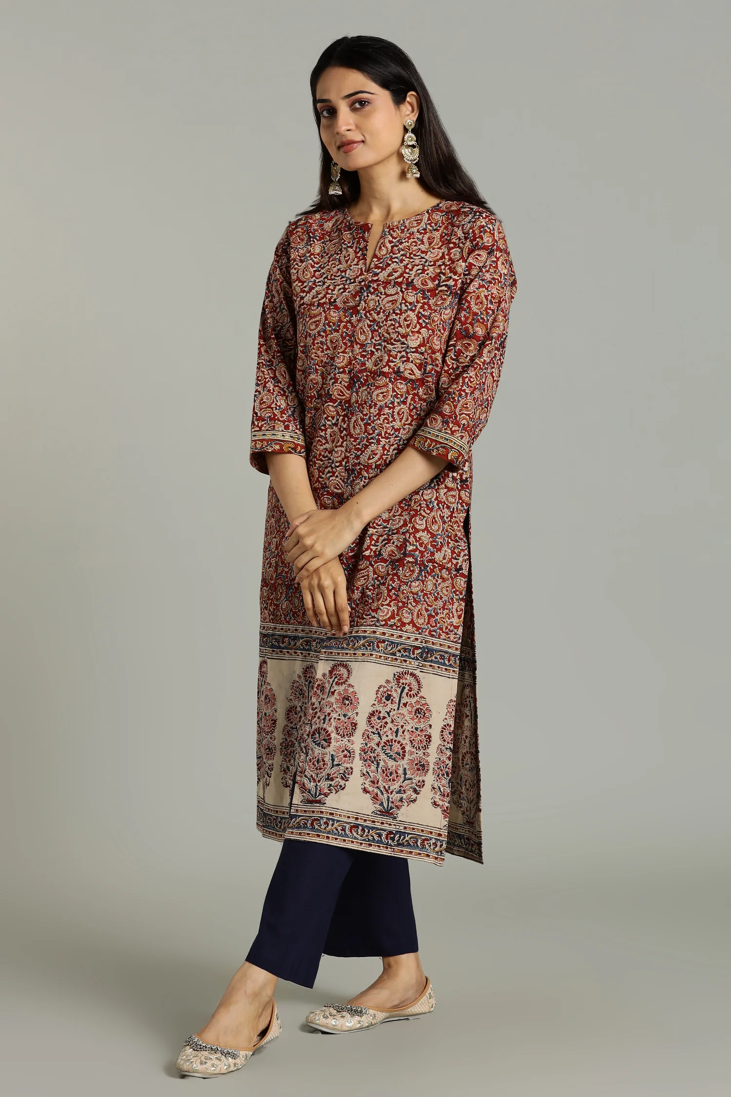 KALAMKARI KURTA STRAIGHT BIG BORDER RED - Image 6