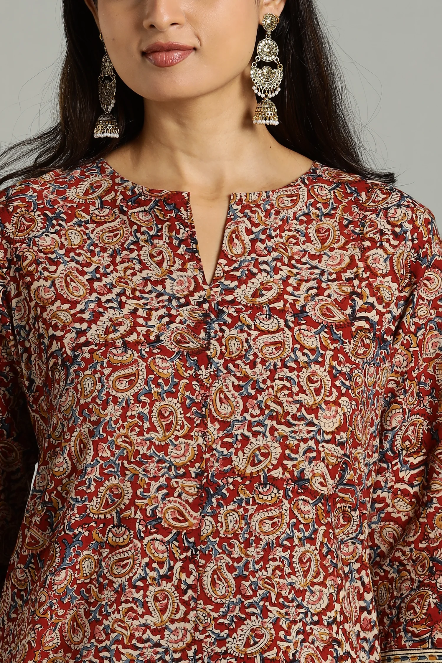 KALAMKARI KURTA STRAIGHT BIG BORDER RED - Image 5