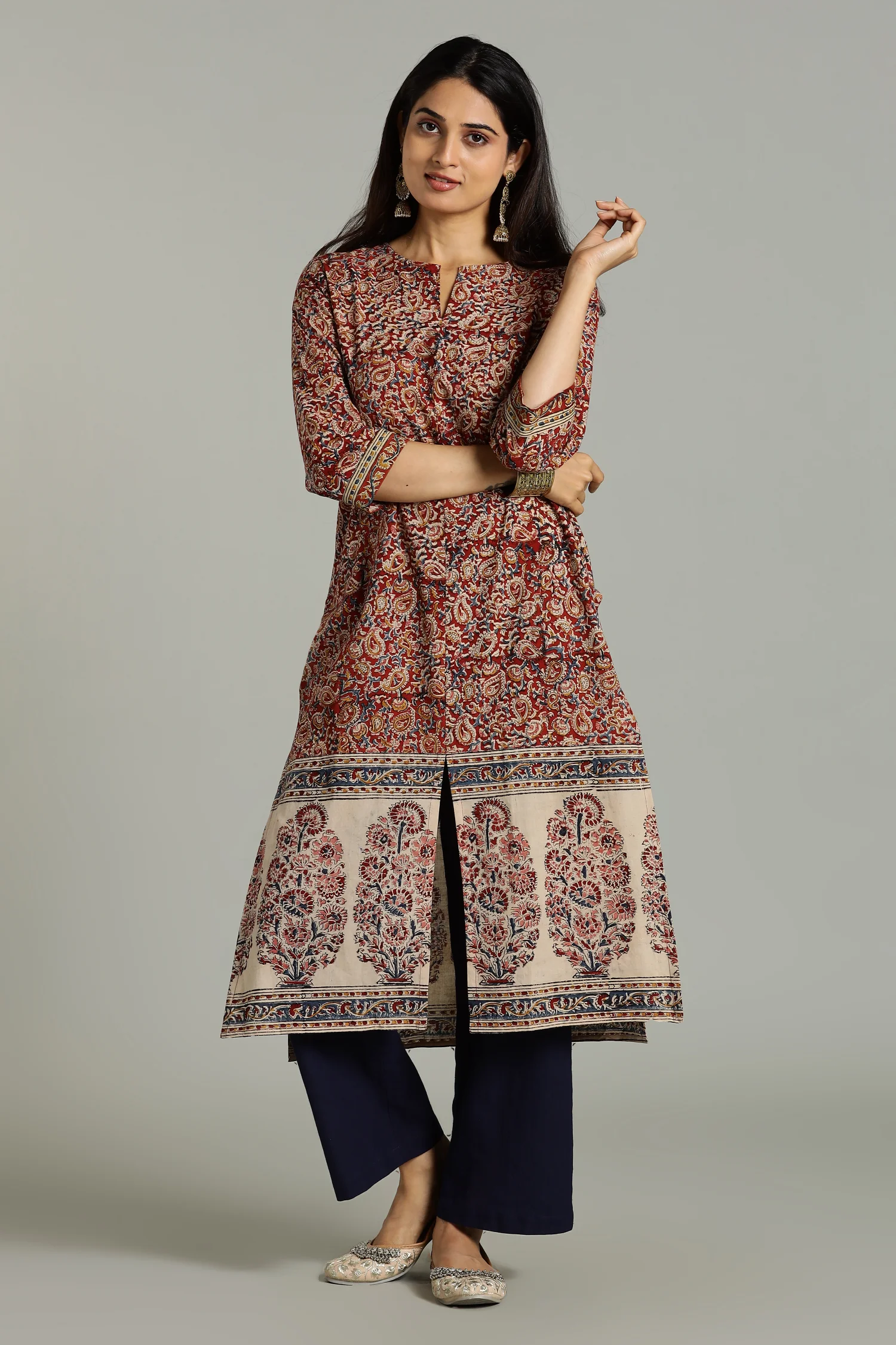 KALAMKARI KURTA STRAIGHT BIG BORDER RED - Image 4