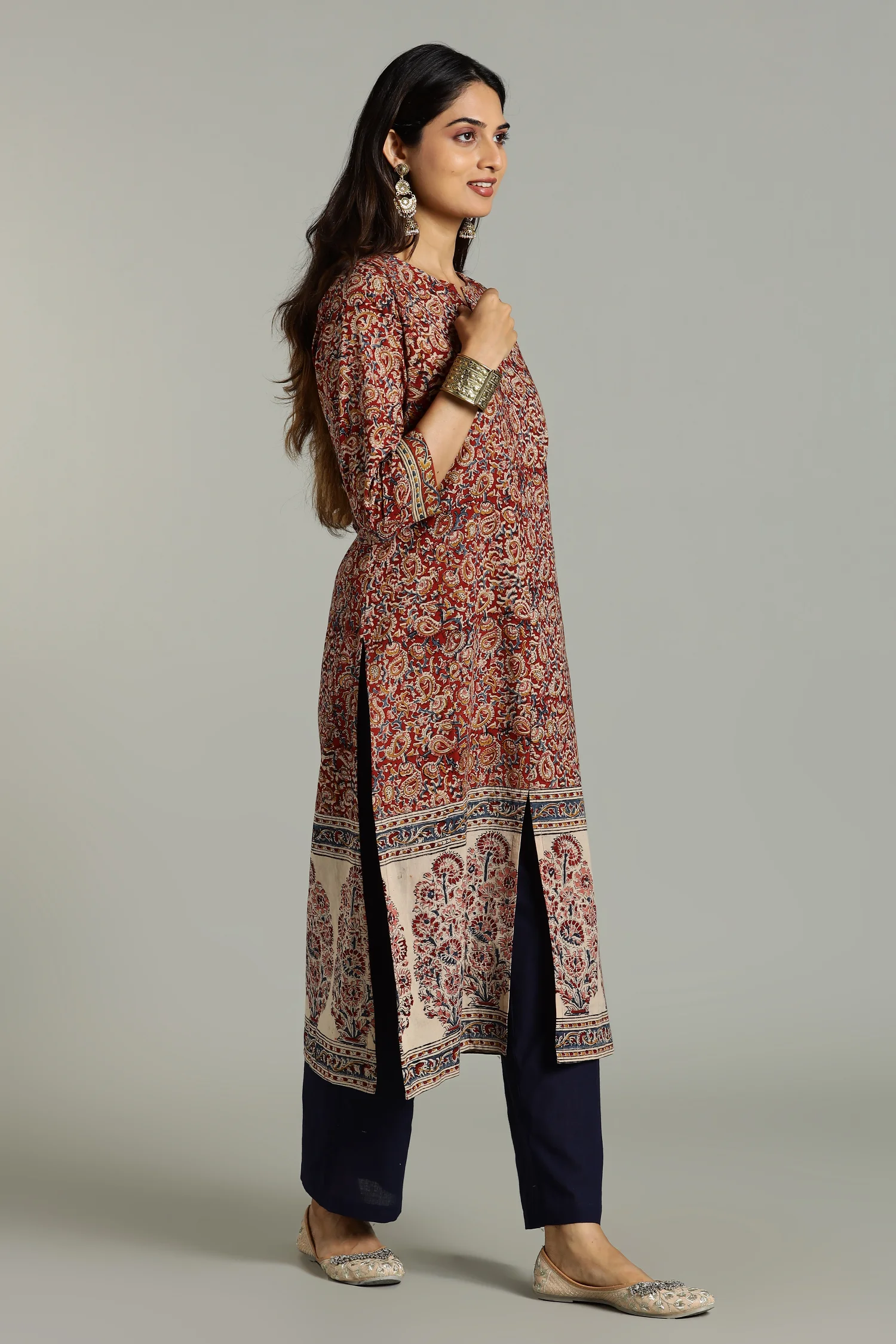 KALAMKARI KURTA STRAIGHT BIG BORDER RED - Image 3