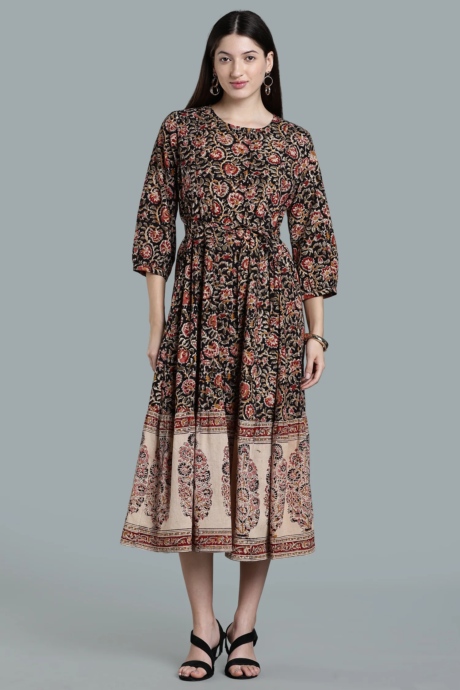 KALAMKARI COTTON DRESS BIG BORDER BLACK - Image 6