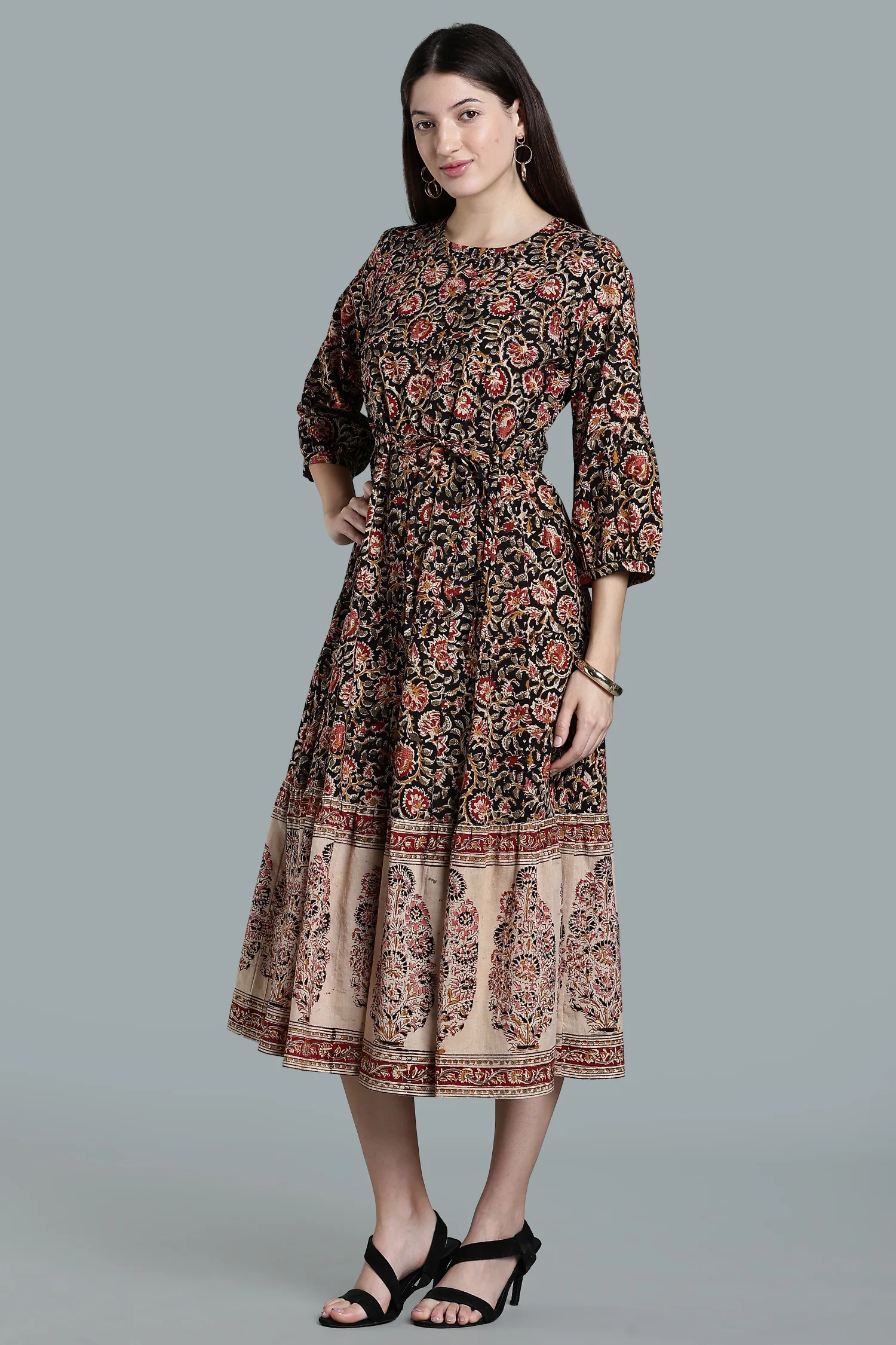 KALAMKARI COTTON DRESS BIG BORDER BLACK - Image 5
