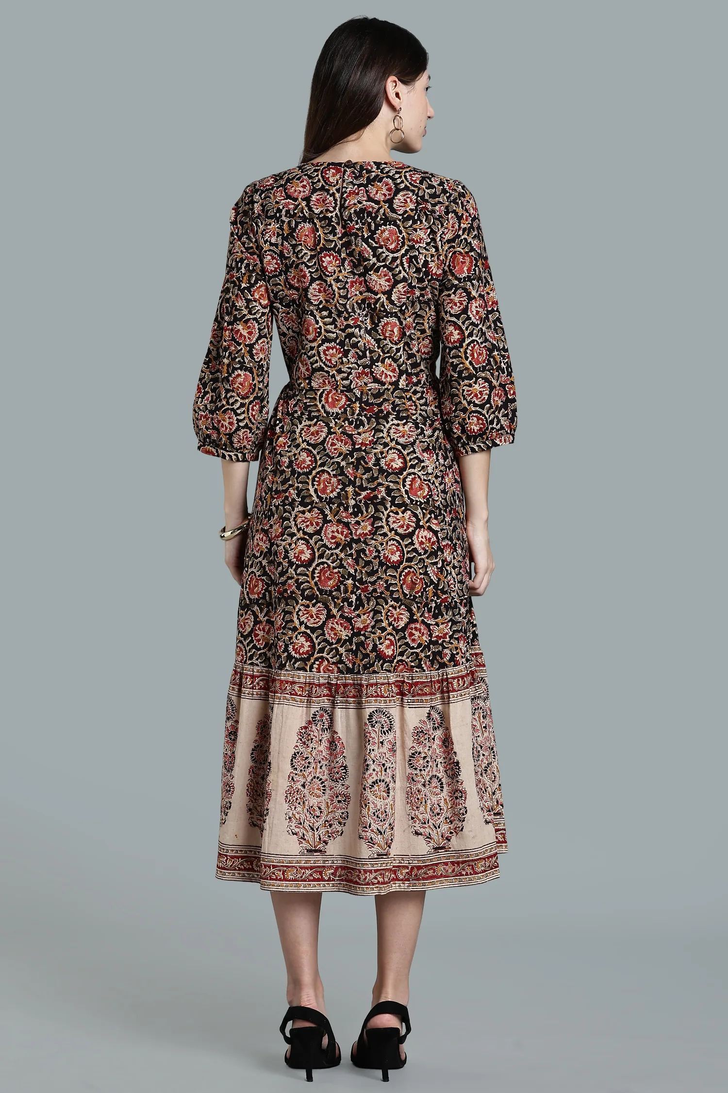 KALAMKARI COTTON DRESS BIG BORDER BLACK - Image 2