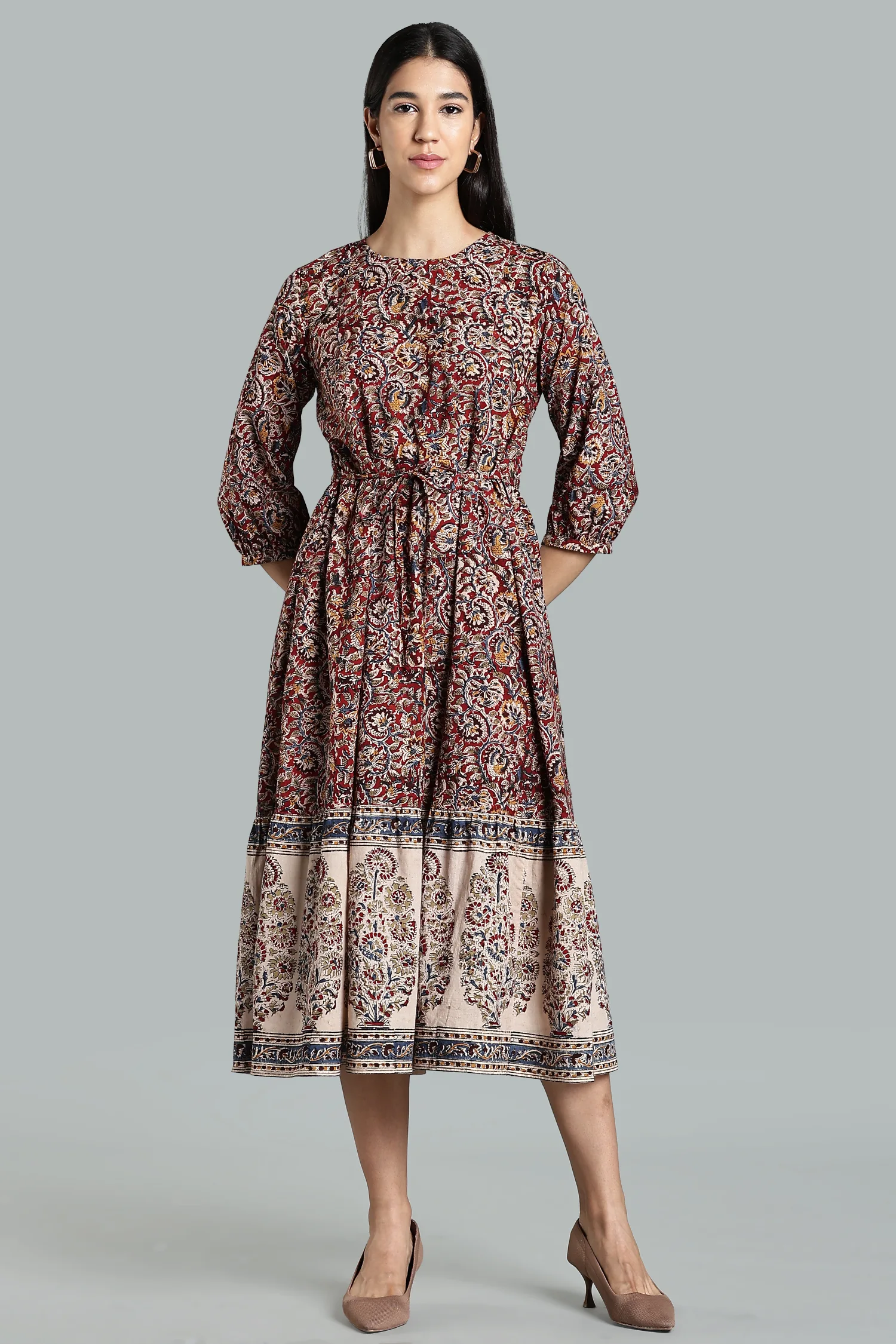 KALAMKARI COTTON DRESS BIG BORDER RED
