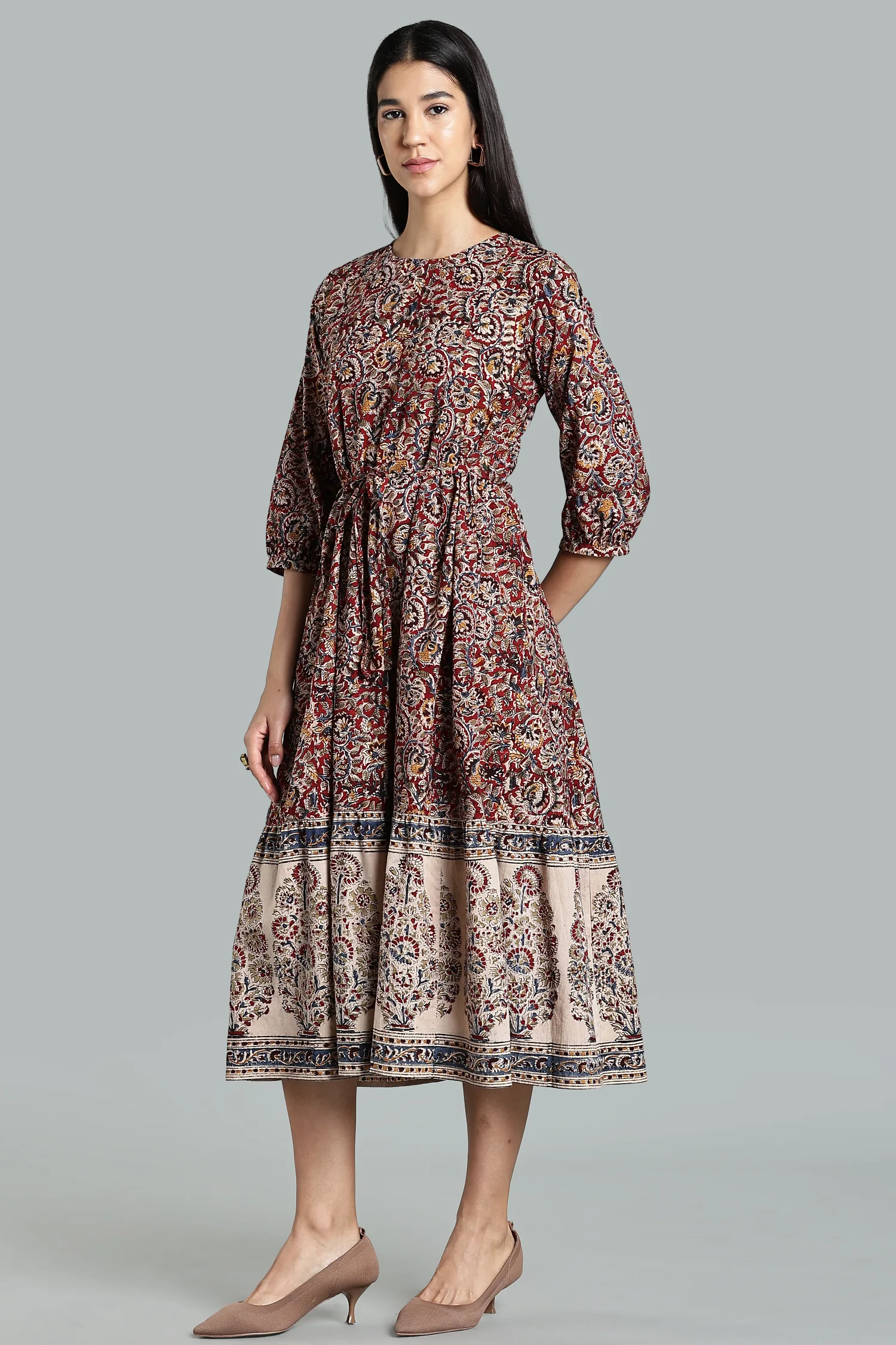 KALAMKARI COTTON DRESS BIG BORDER RED - Image 5