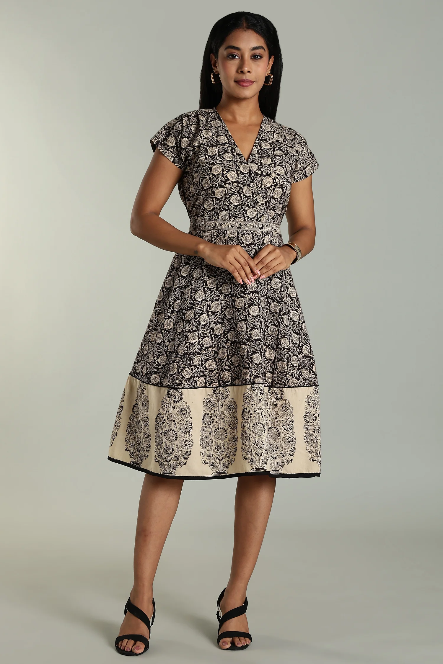 KALAMKARI COTTON DRESS CROSSOVER MAGYAR SLEEVE BLACK FLW