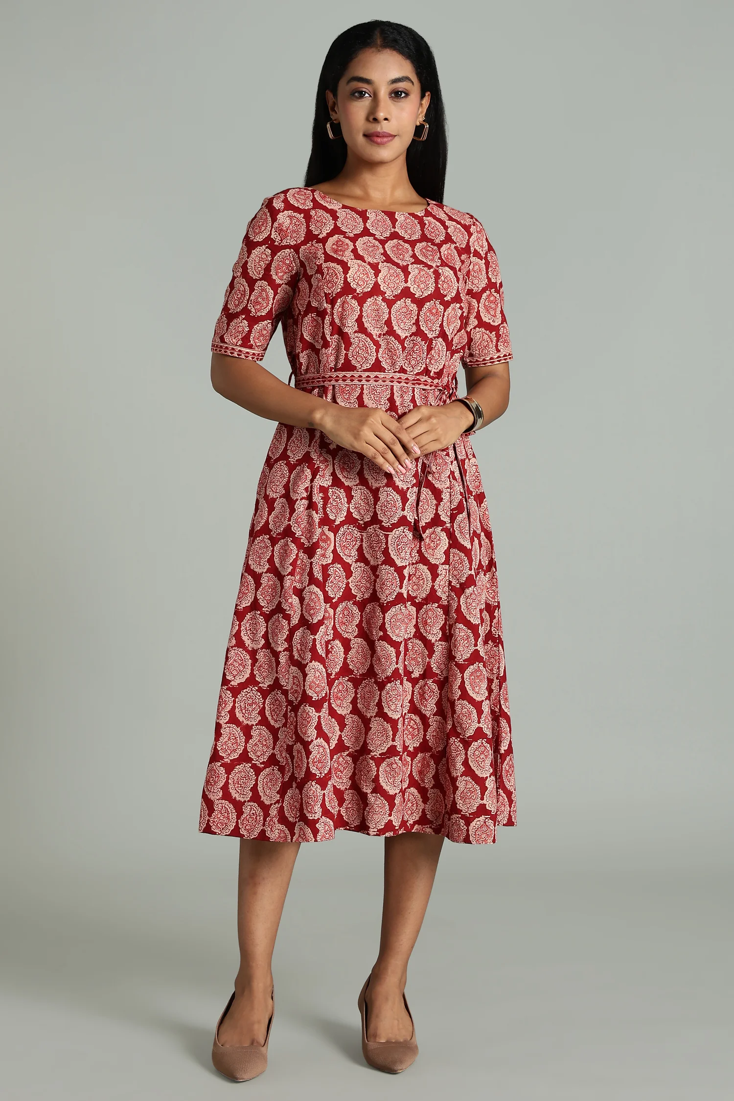 KALAMKARI COTTON DRESS ELBOW SLEEVE BELT DETAIL - RED MG