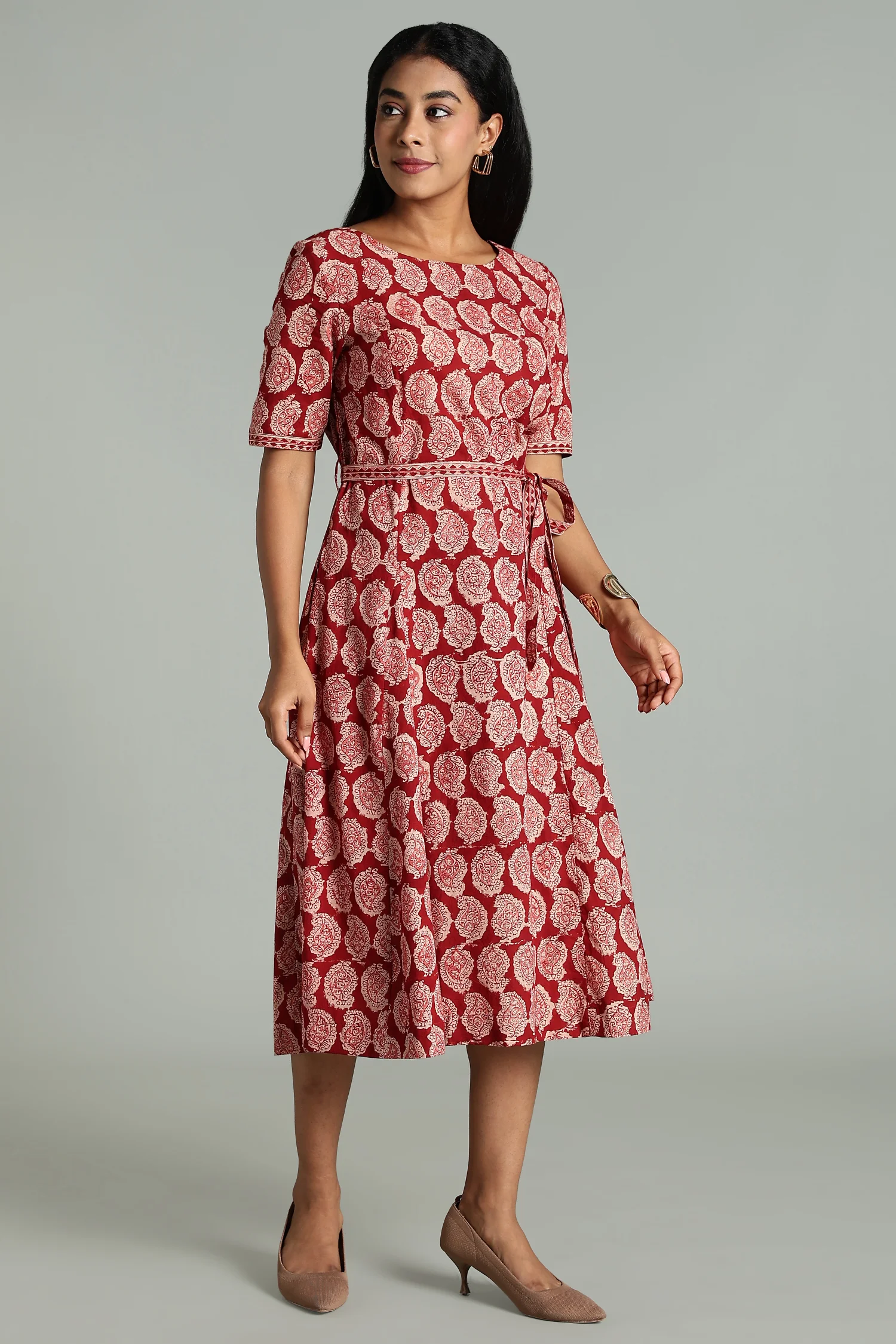 KALAMKARI COTTON DRESS ELBOW SLEEVE BELT DETAIL - RED MG - Image 6