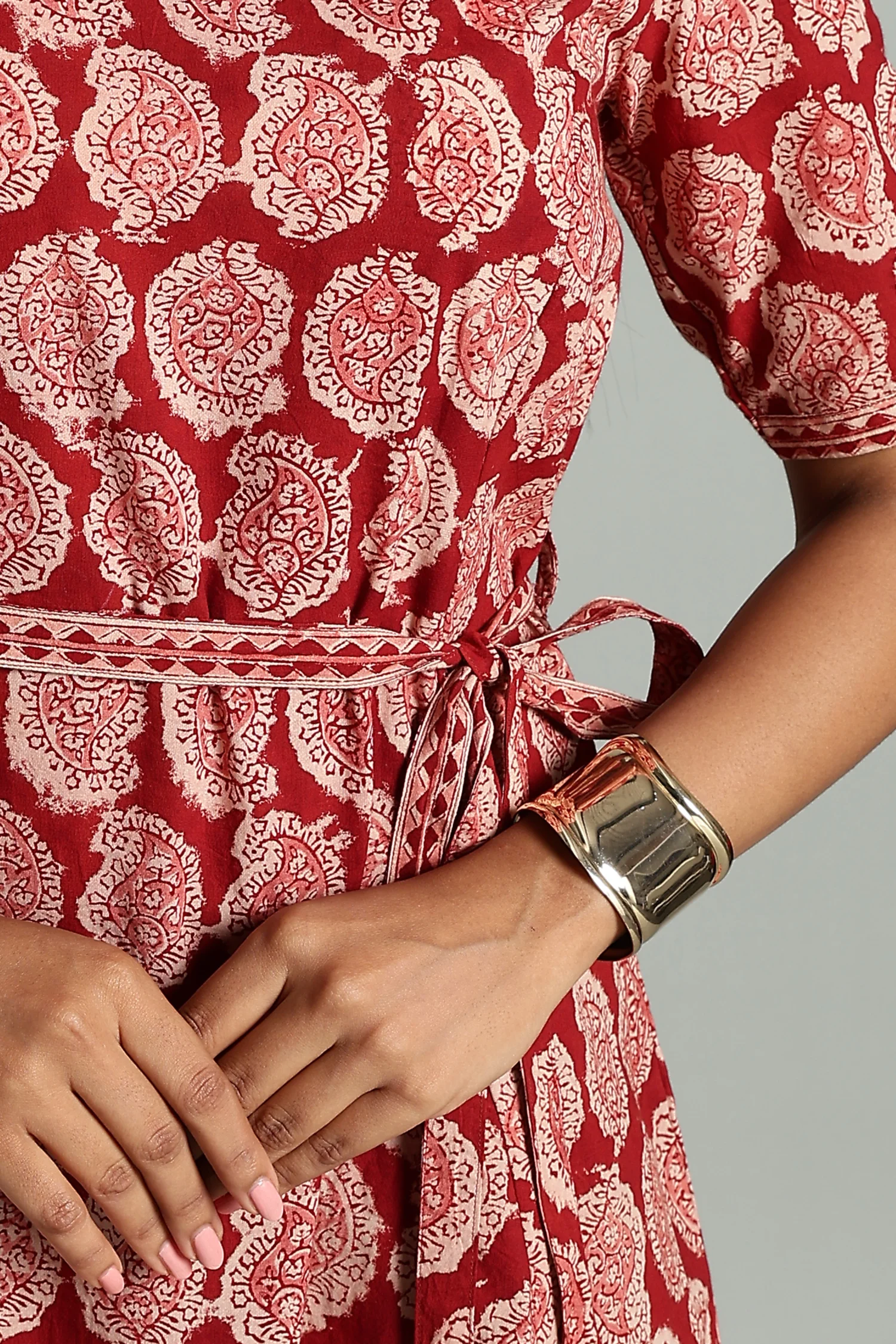 KALAMKARI COTTON DRESS ELBOW SLEEVE BELT DETAIL - RED MG - Image 4