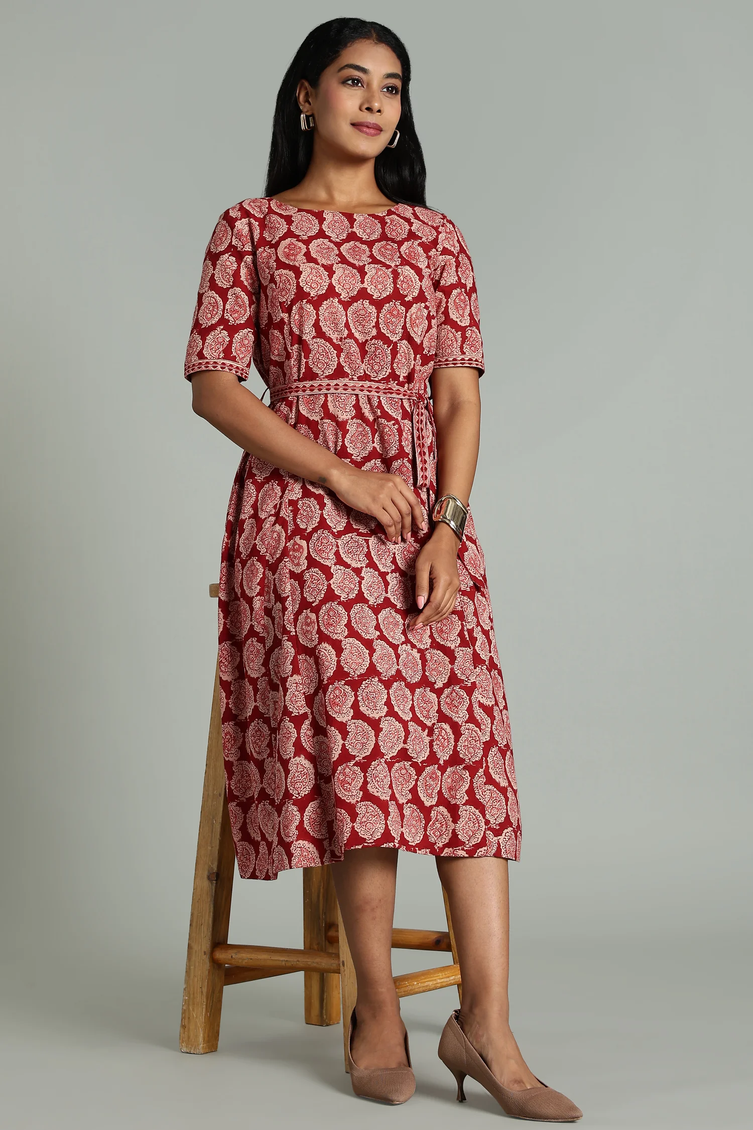 KALAMKARI COTTON DRESS ELBOW SLEEVE BELT DETAIL - RED MG - Image 3