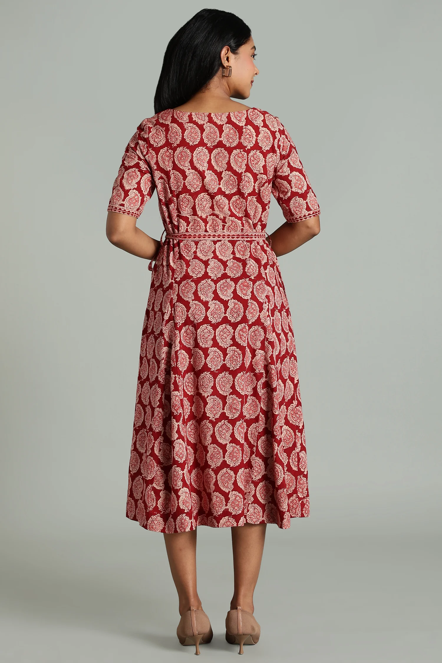 KALAMKARI COTTON DRESS ELBOW SLEEVE BELT DETAIL - RED MG - Image 2