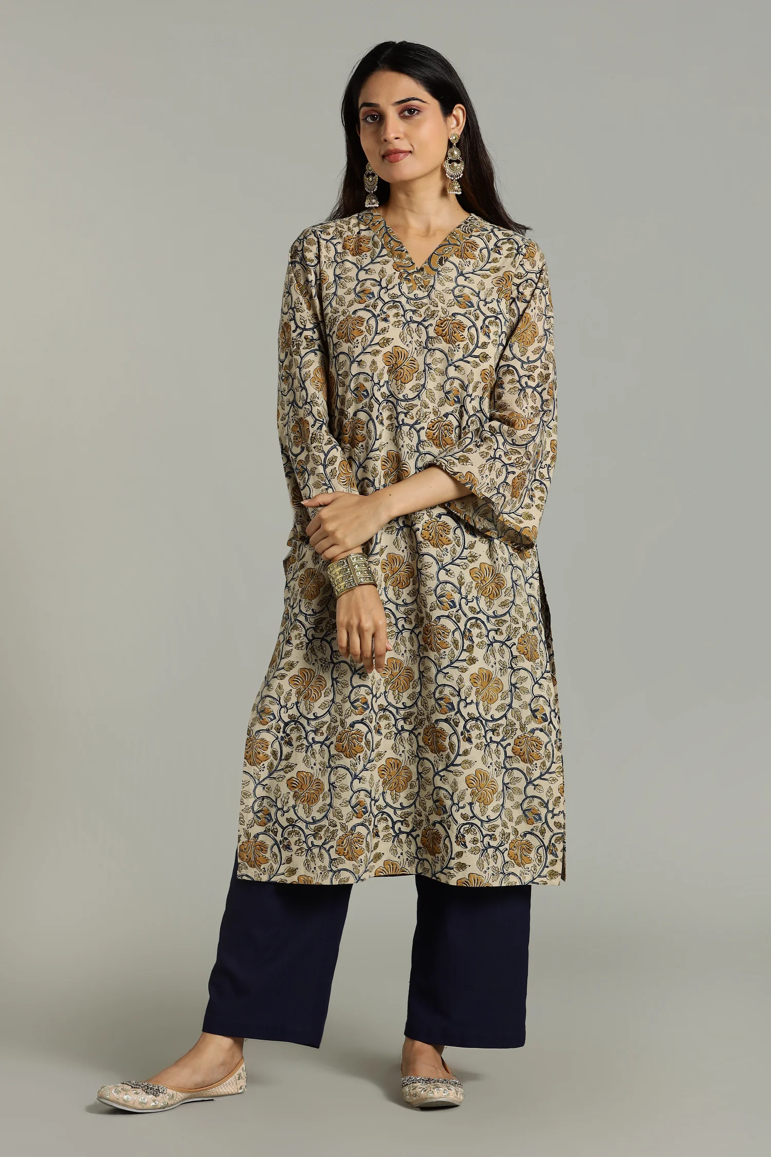 KALAMKARI KURTA V NECK BELL SLV YELLOW - Image 4