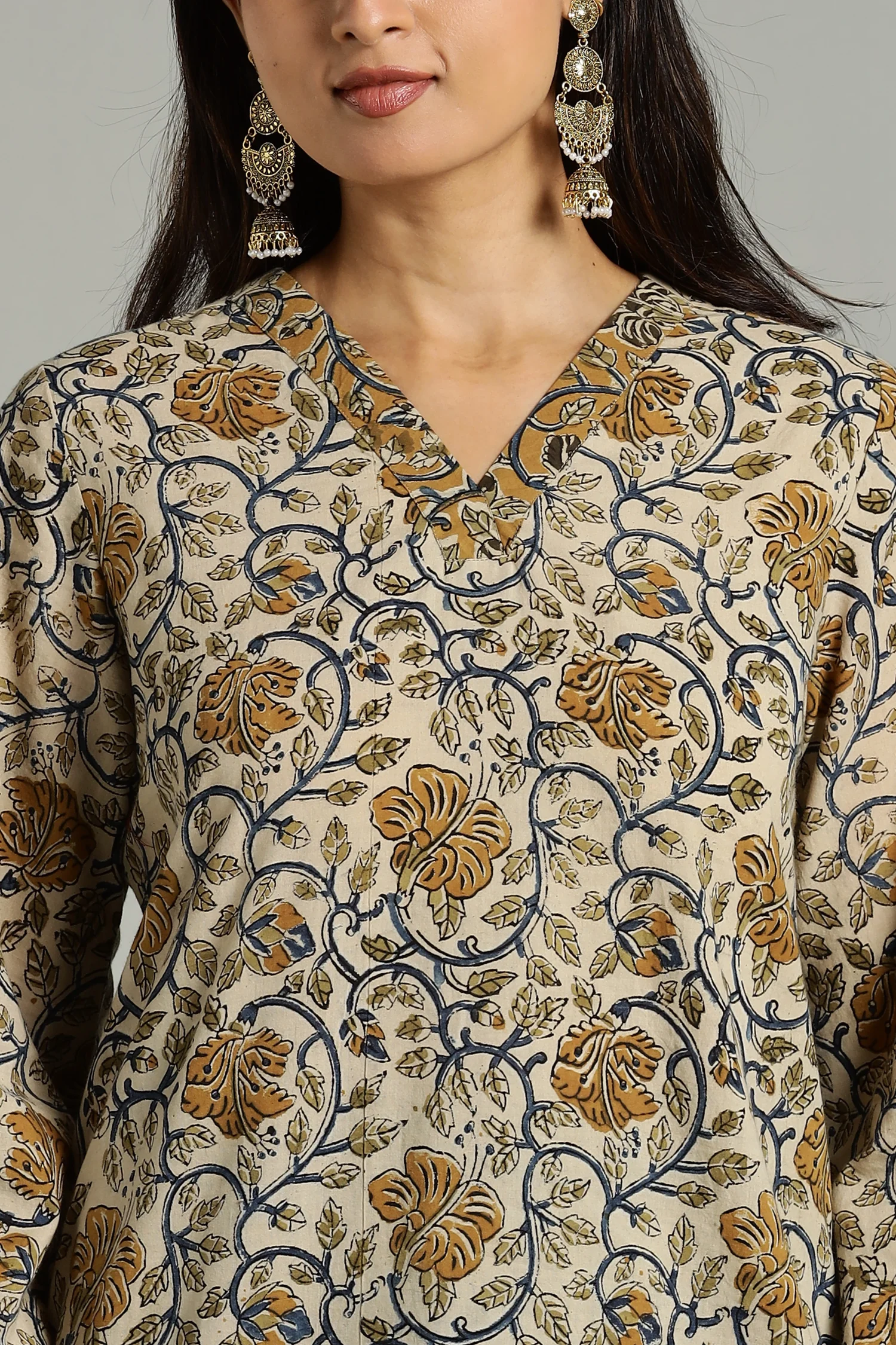 KALAMKARI KURTA V NECK BELL SLV YELLOW - Image 5