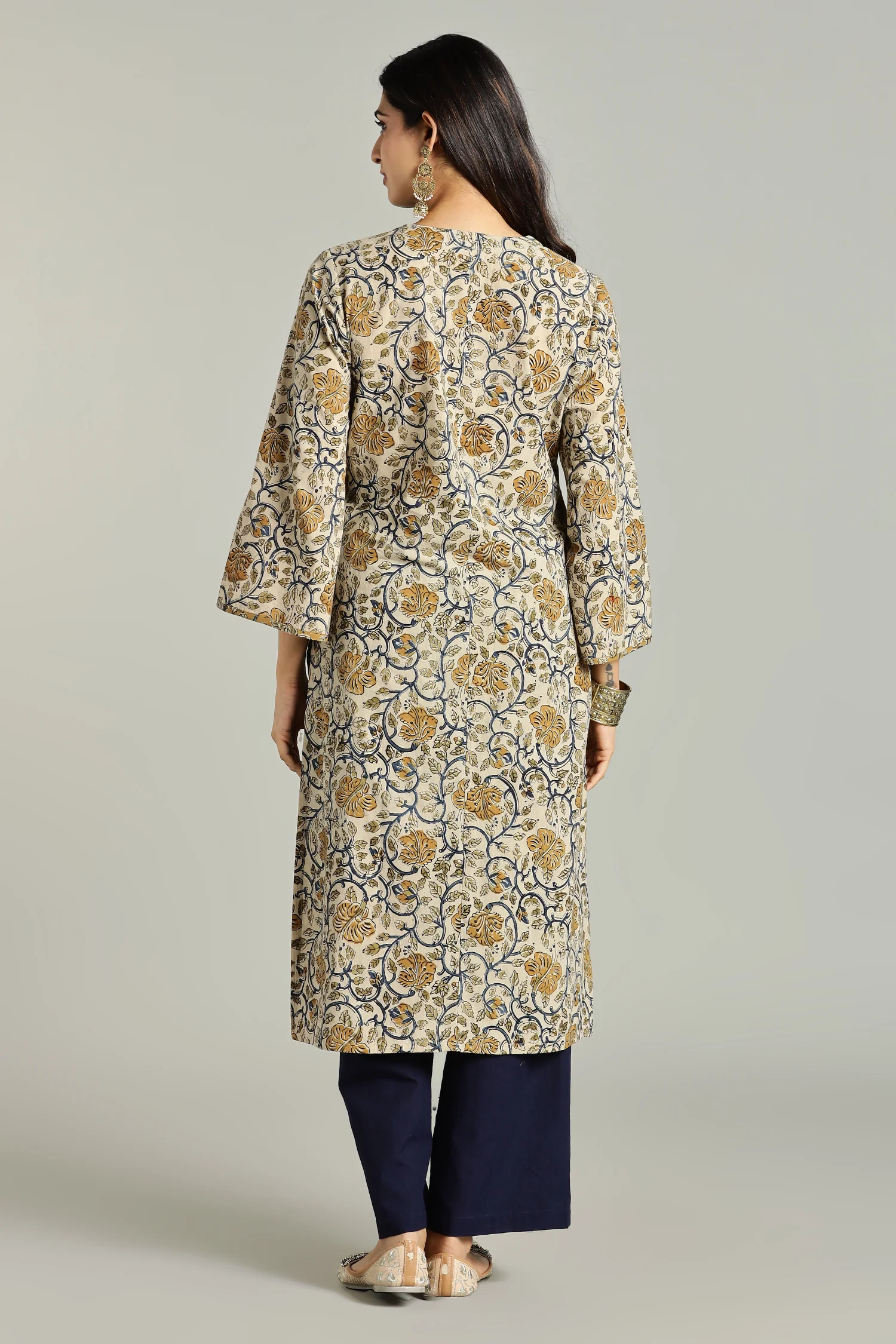 KALAMKARI KURTA V NECK BELL SLV YELLOW - Image 2