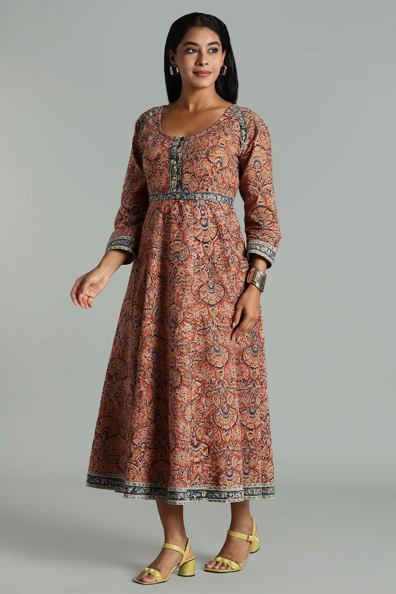 KALAMKARI COTTON DRESS SCOOP NECK RAGLAN SLEEVE ORANGE - Image 5