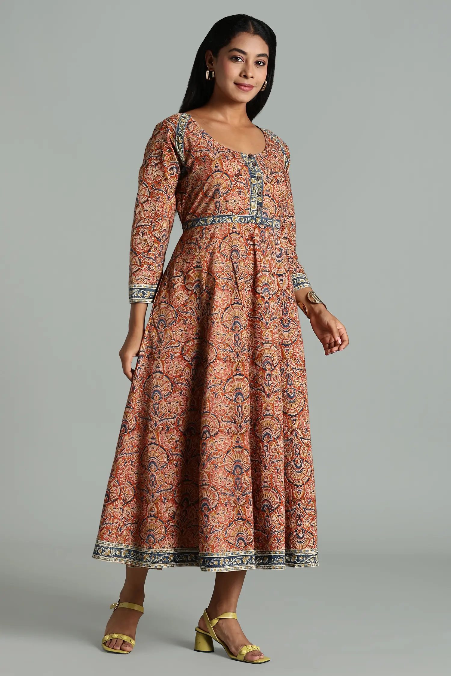 KALAMKARI COTTON DRESS SCOOP NECK RAGLAN SLEEVE ORANGE - Image 4