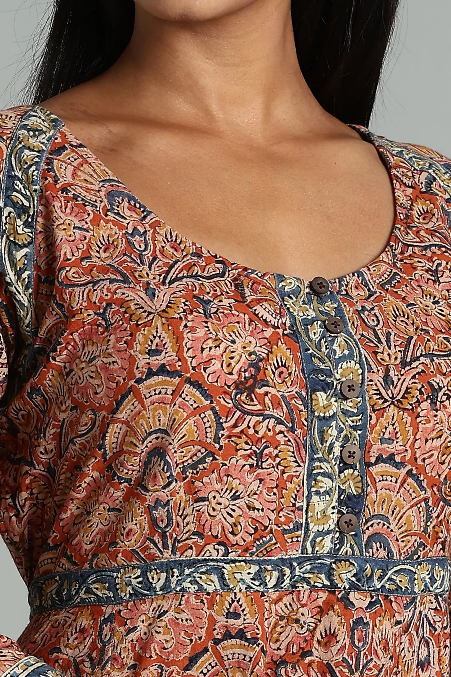 KALAMKARI COTTON DRESS SCOOP NECK RAGLAN SLEEVE ORANGE - Image 3