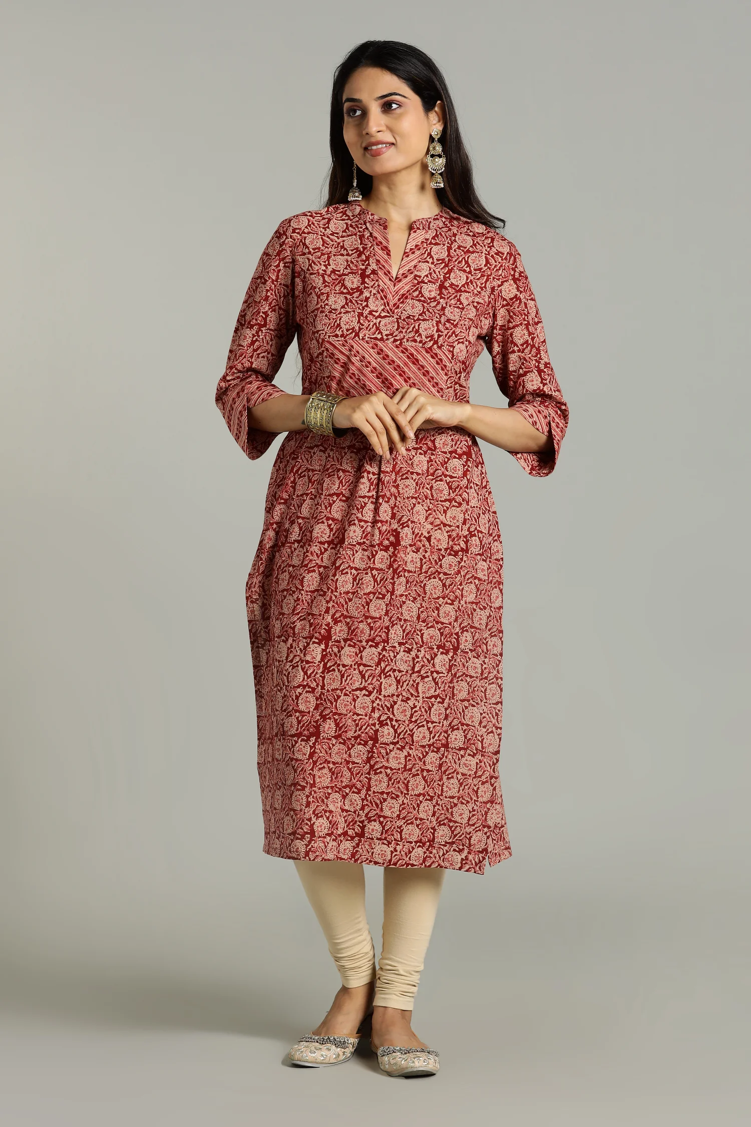 KALAMKARI KURTA YOKE CUFF DETAIL RED