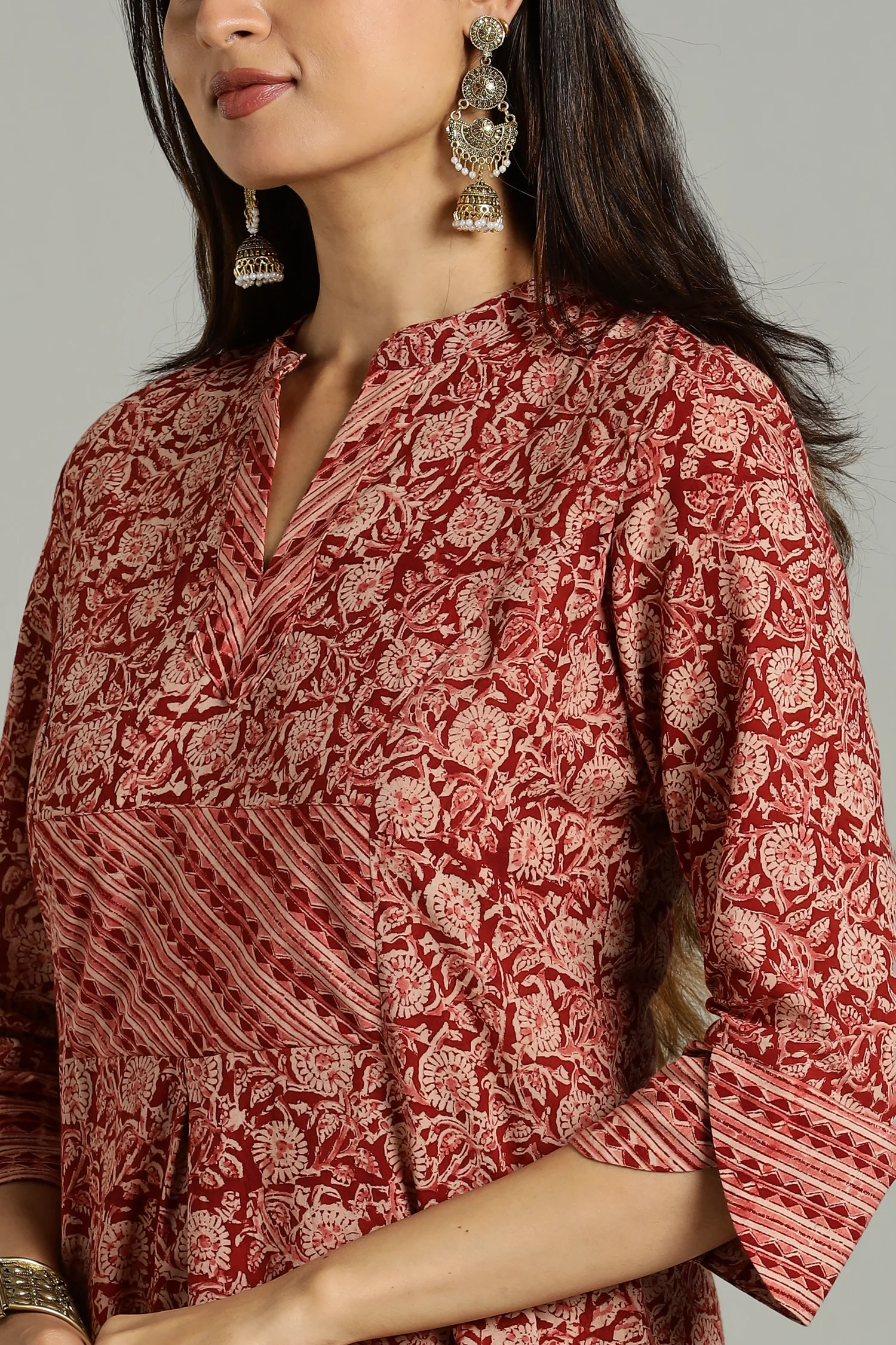 KALAMKARI KURTA YOKE CUFF DETAIL RED - Image 4