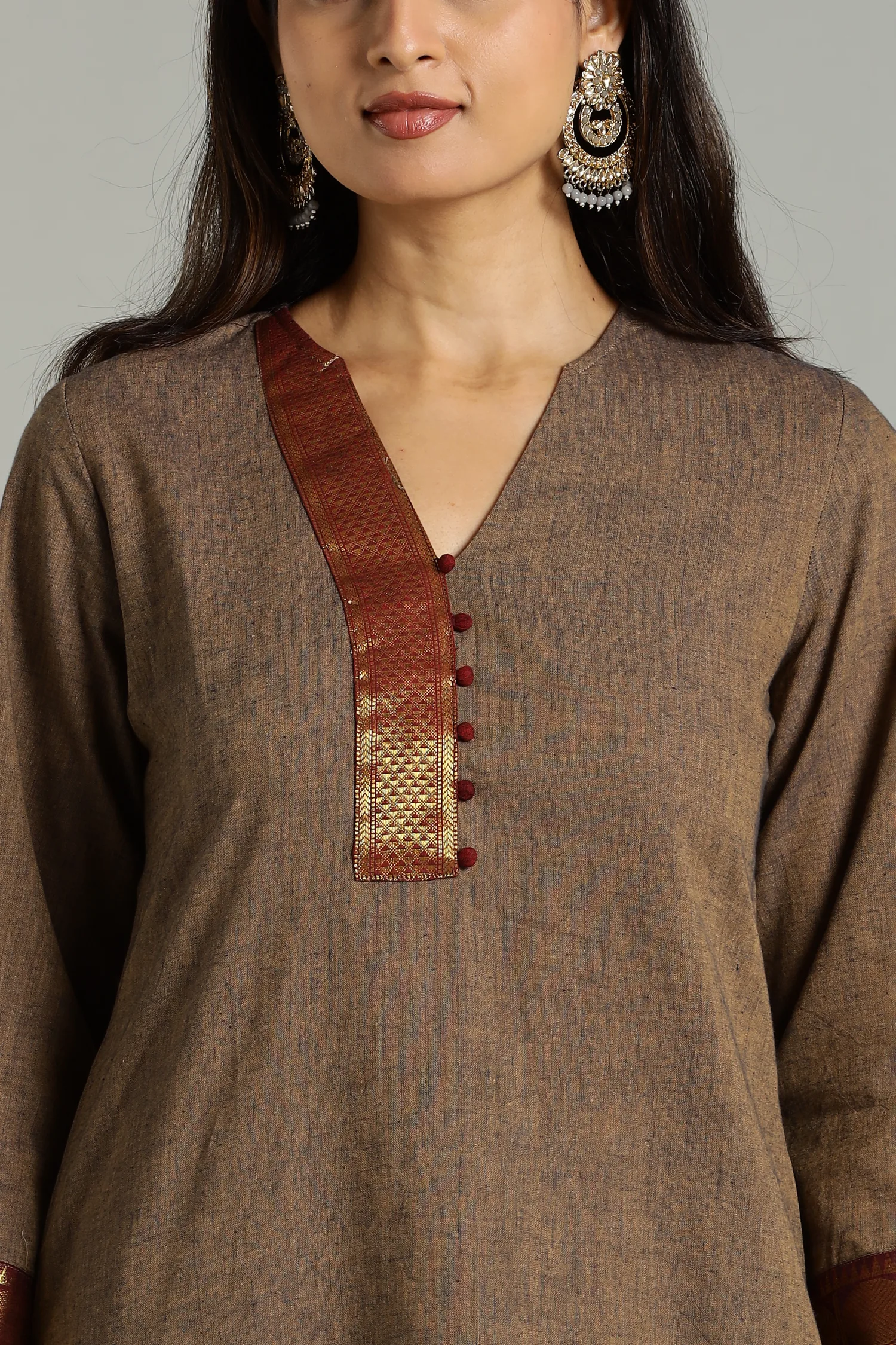 KURTA SOUTH C ZARI PLACKET BELL SLV BEIGE - Image 3