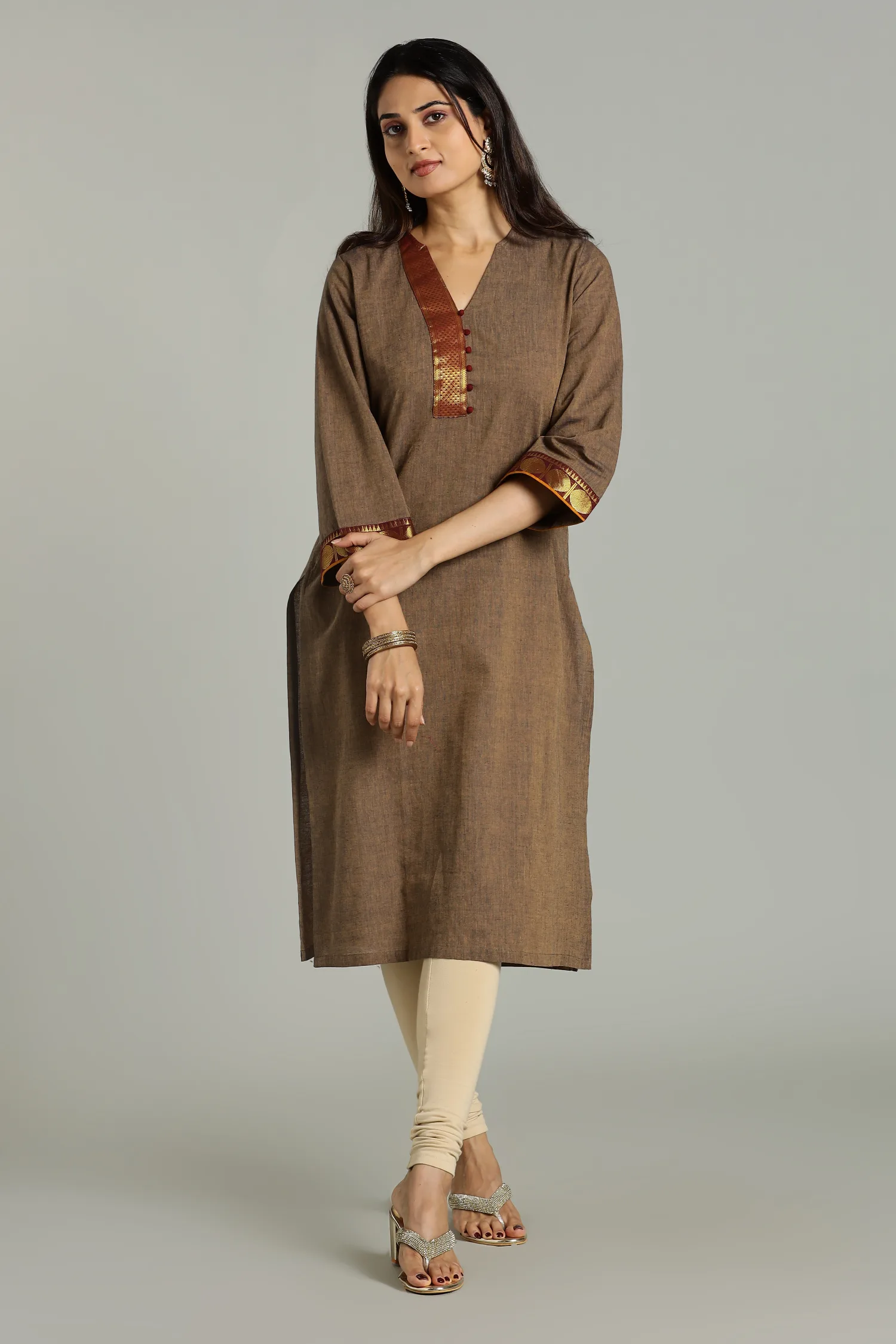 KURTA SOUTH C ZARI PLACKET BELL SLV BEIGE - Image 5