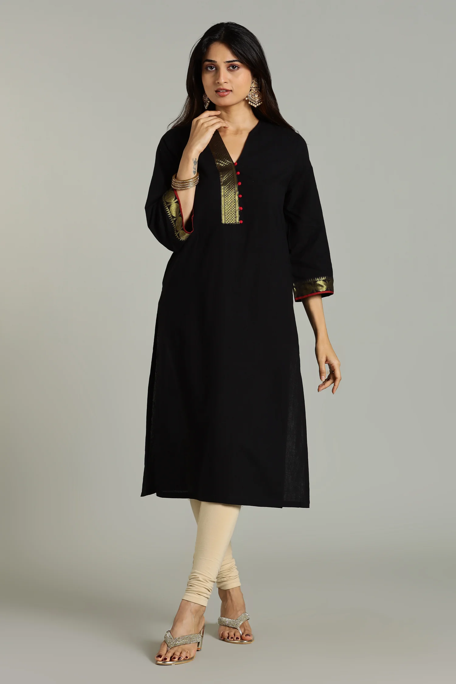 KURTA SOUTH C ZARI PLACKET BELL SLV BLACK