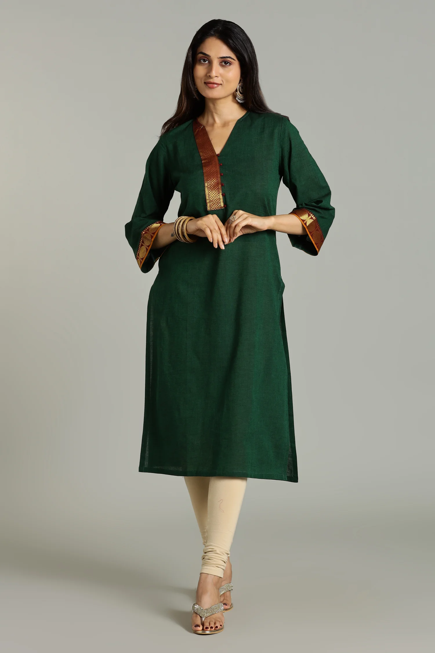 KURTA SOUTH C ZARI PLACKET BELL SLV GREEN - Image 6