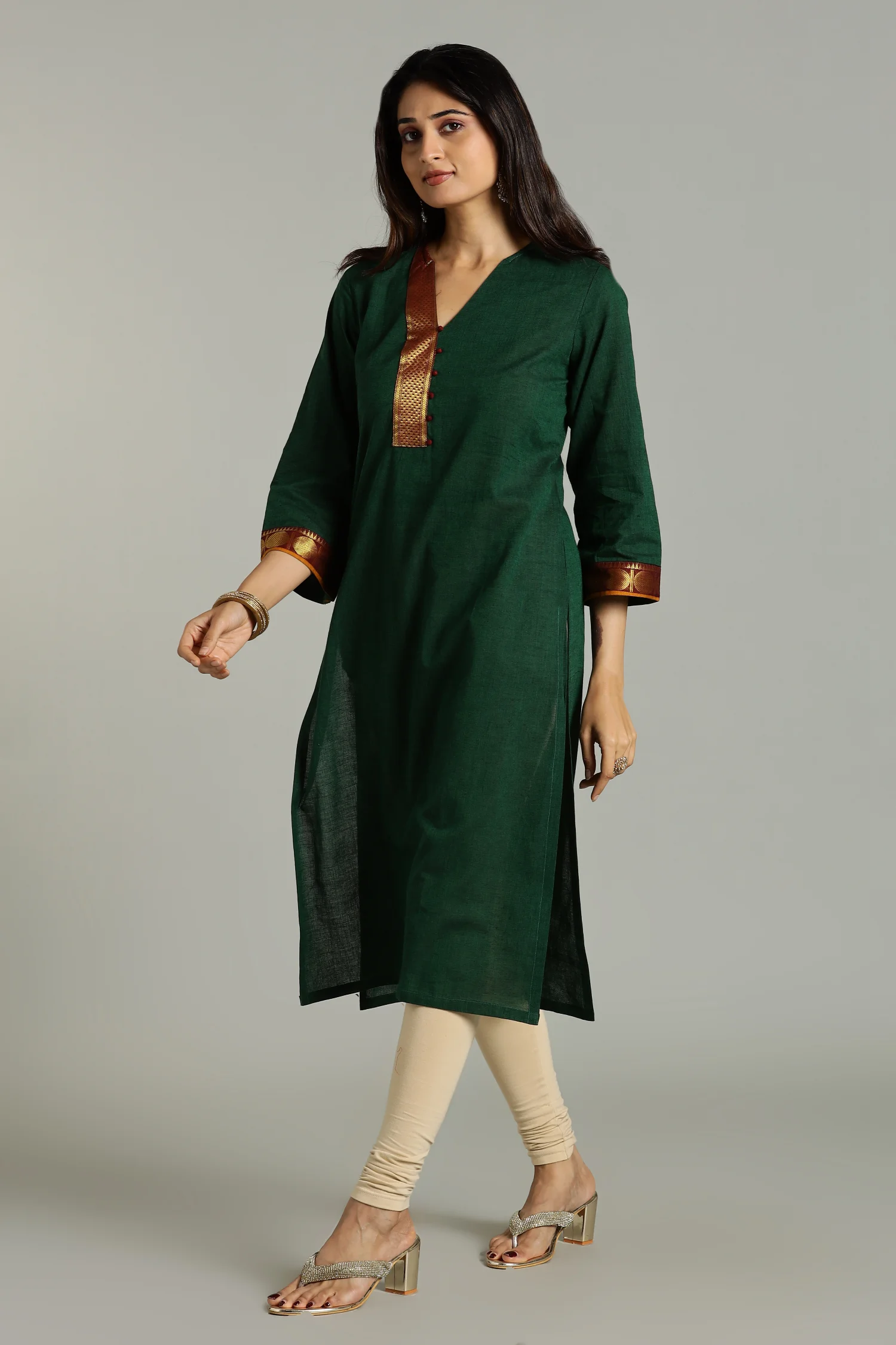 KURTA SOUTH C ZARI PLACKET BELL SLV GREEN - Image 3