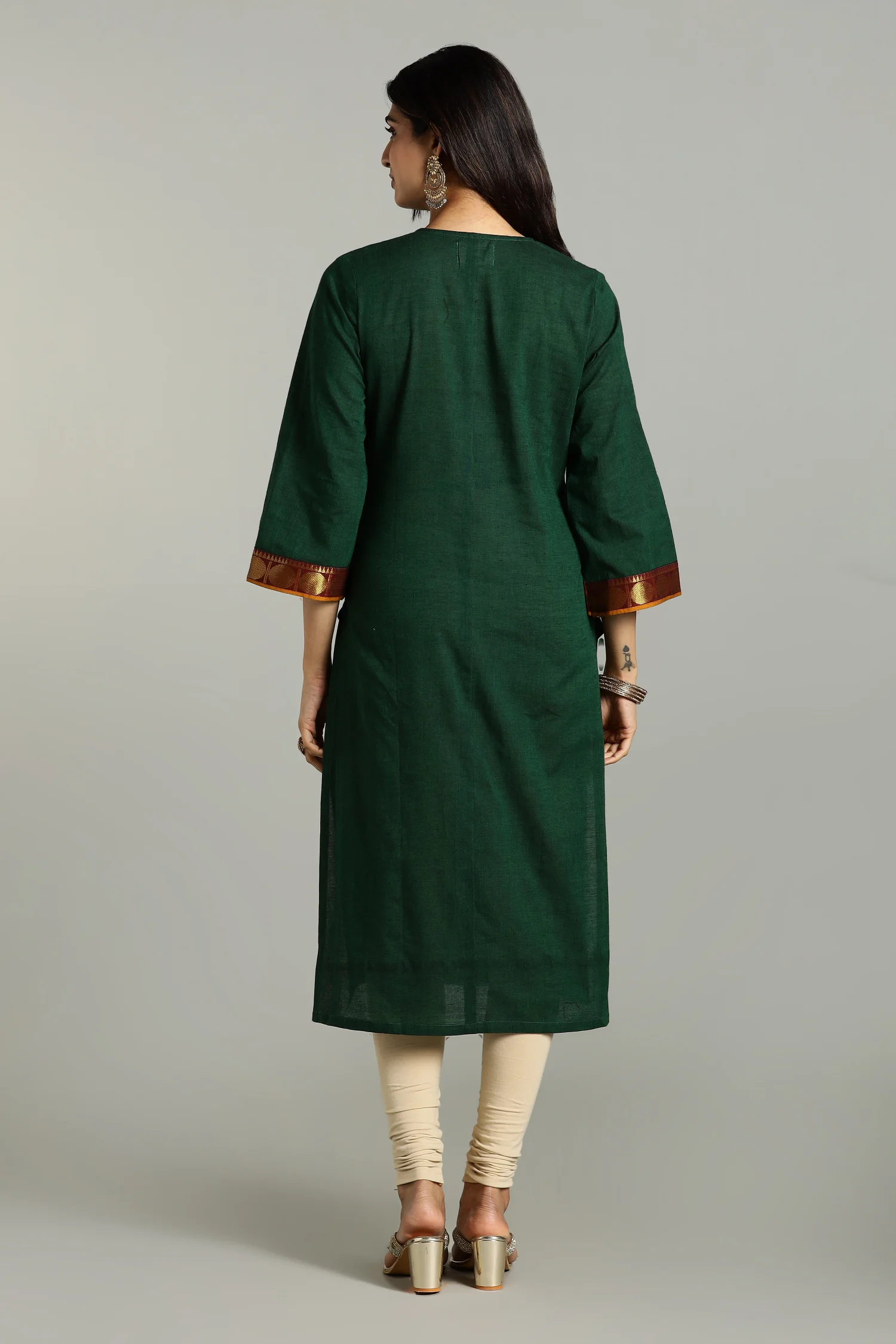 KURTA SOUTH C ZARI PLACKET BELL SLV GREEN - Image 2