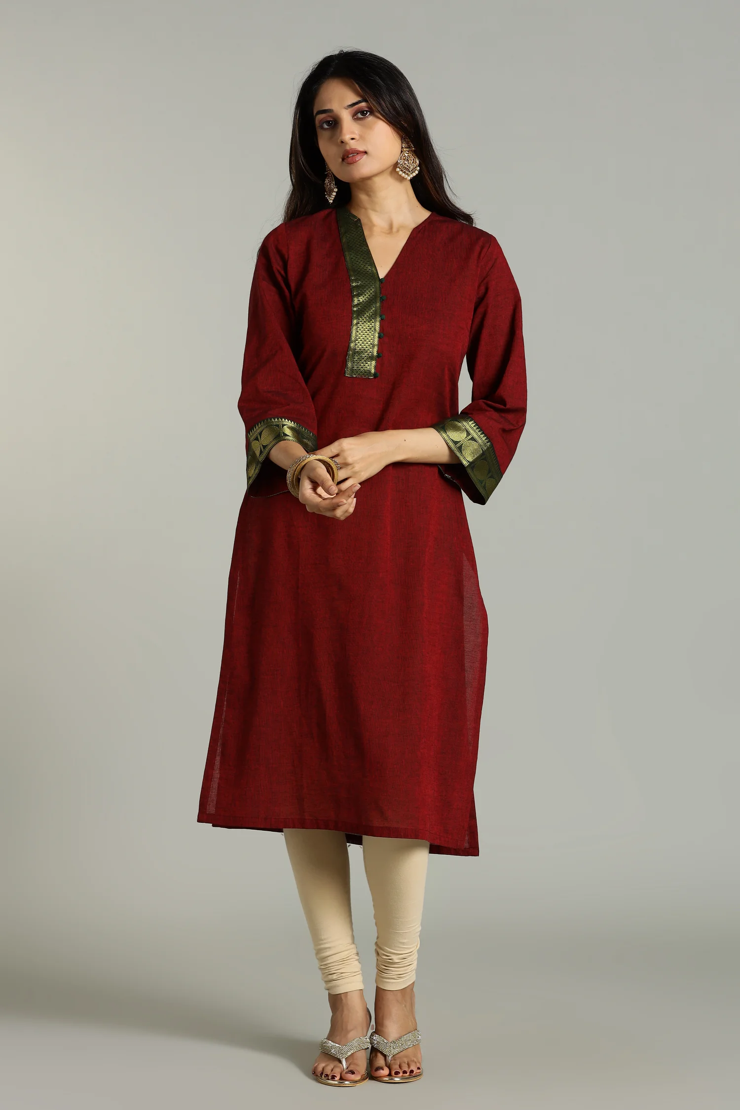 KURTA SOUTH C ZARI PLACKET BELL SLV RED - Image 6