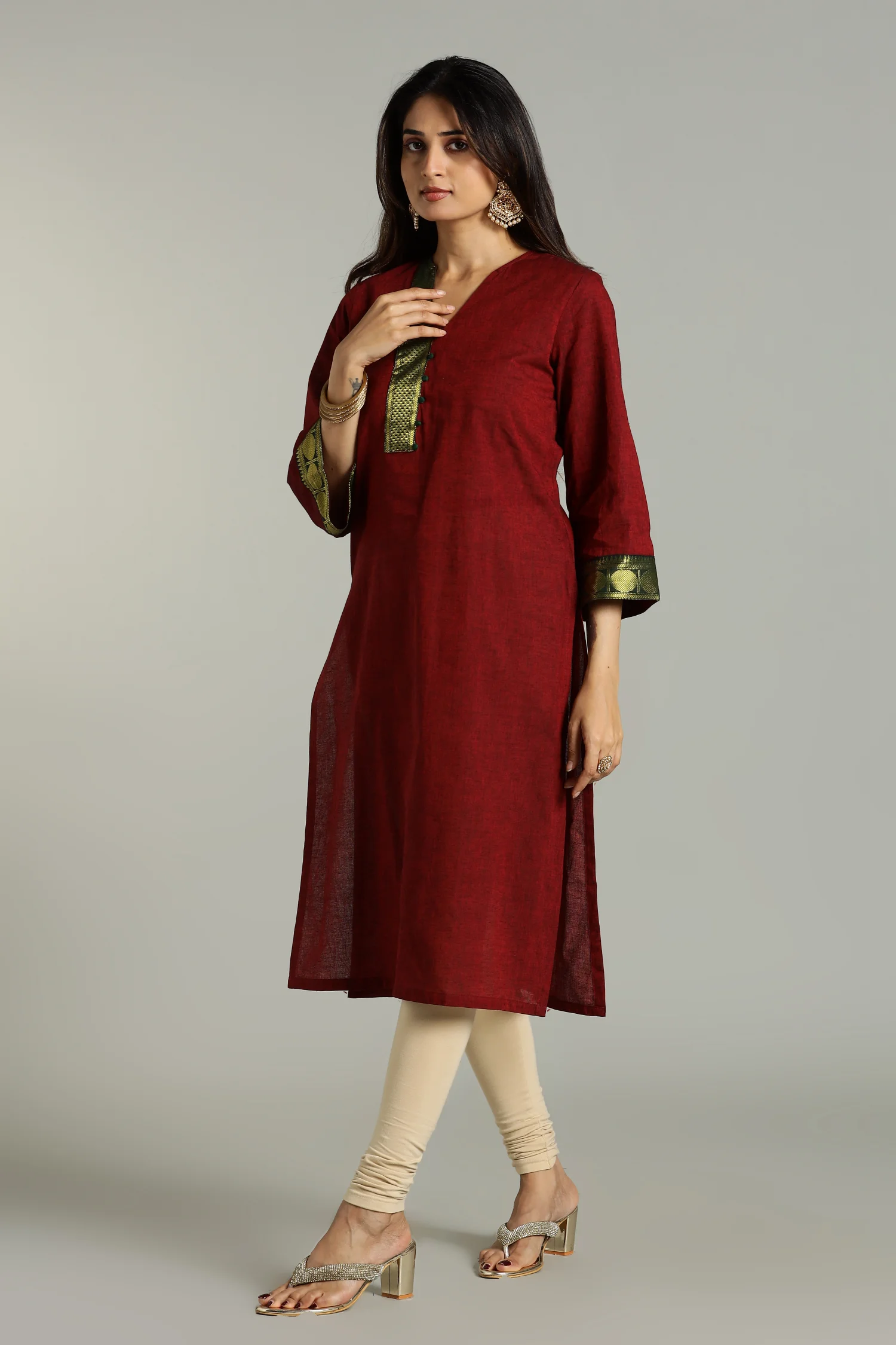 KURTA SOUTH C ZARI PLACKET BELL SLV RED - Image 5