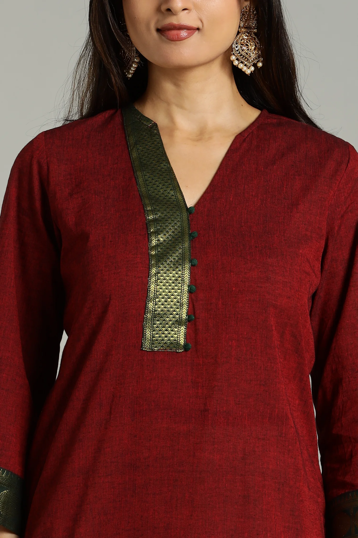 KURTA SOUTH C ZARI PLACKET BELL SLV RED - Image 4