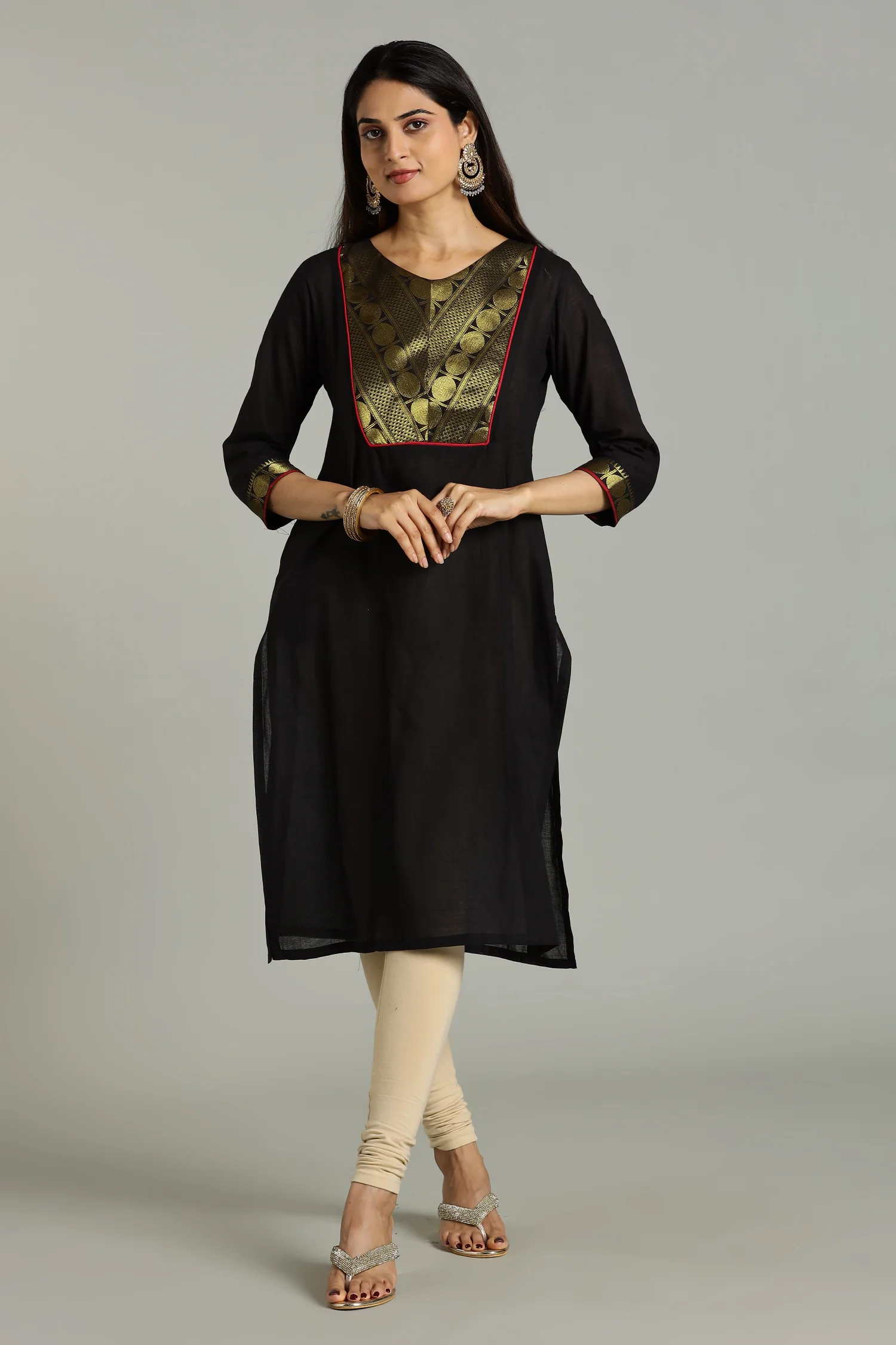 KURTA SOUTH C ZARI YOKE 3Q BLACK