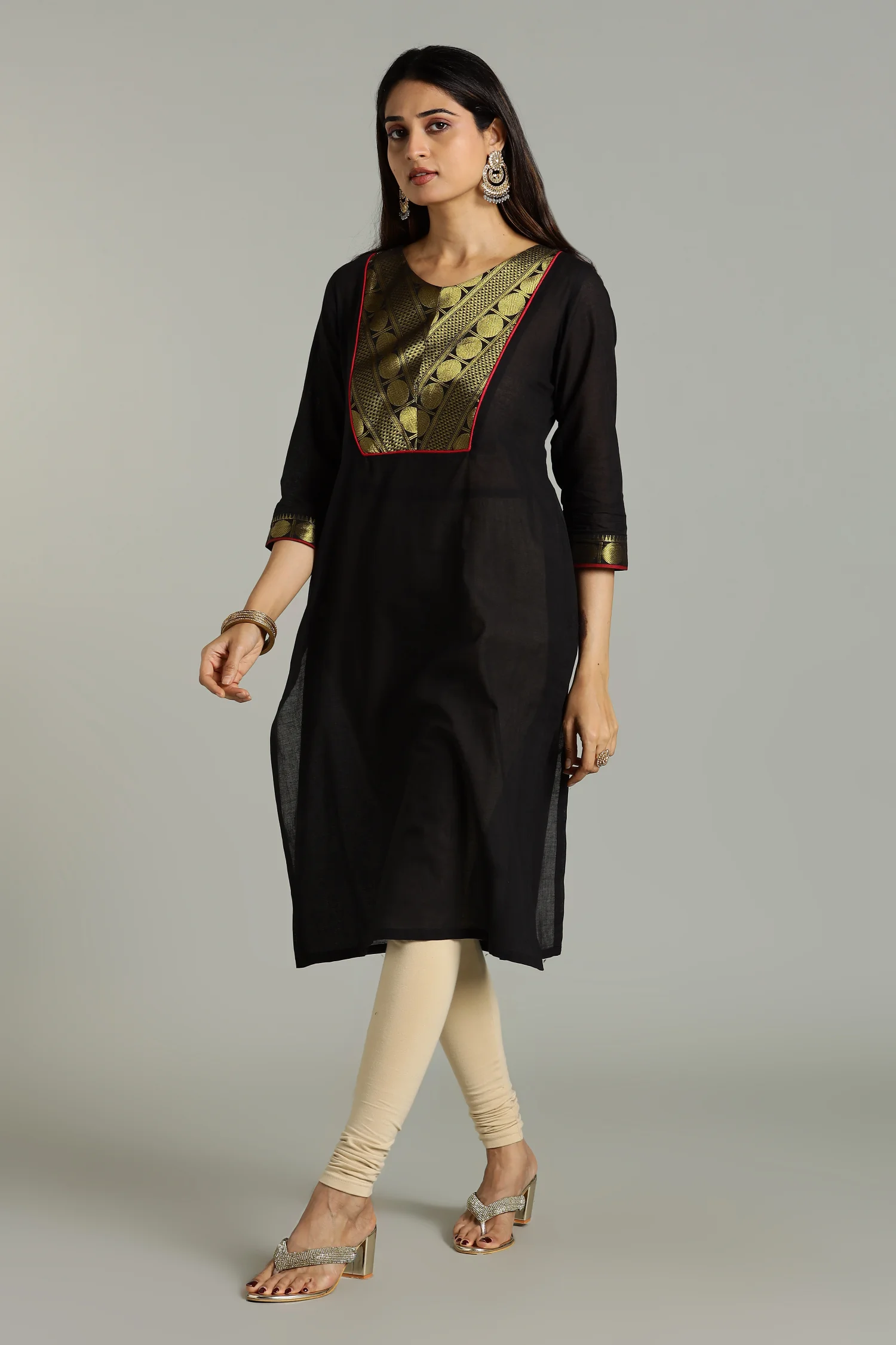 KURTA SOUTH C ZARI YOKE 3Q BLACK - Image 3