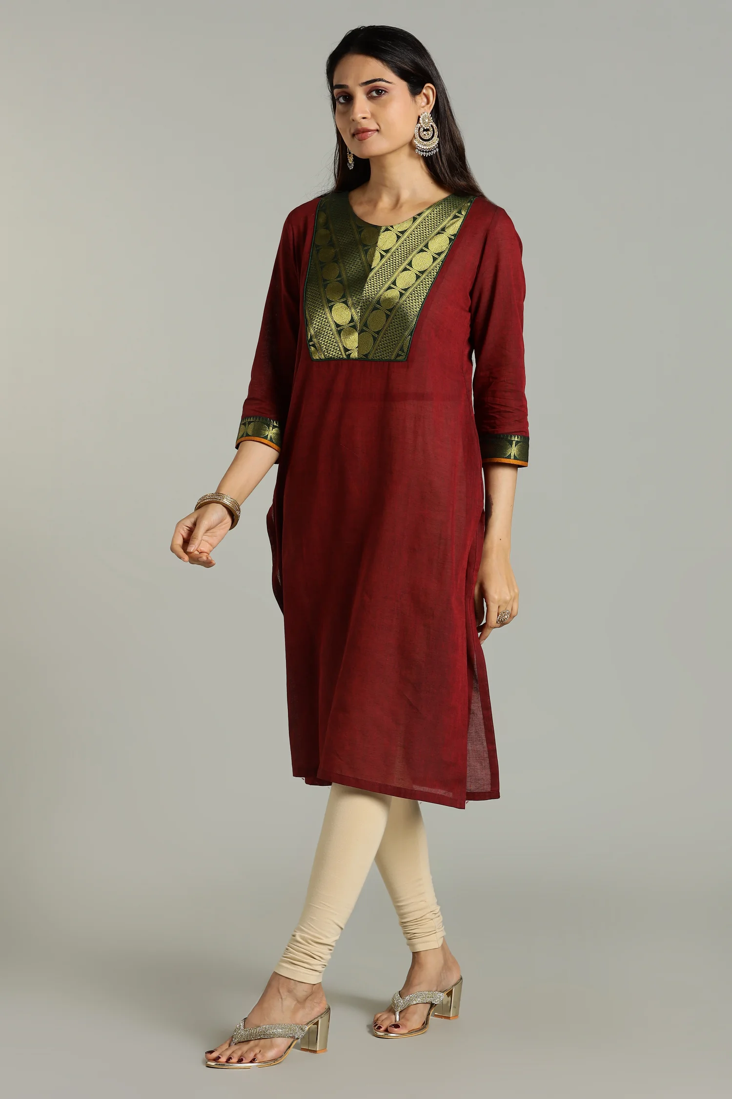 KURTA SOUTH C ZARI YOKE 3Q RED - Image 2